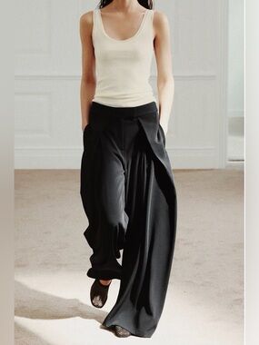 NWT Zara Wide-Leg Black Draped Palazzo Pants size XLarge